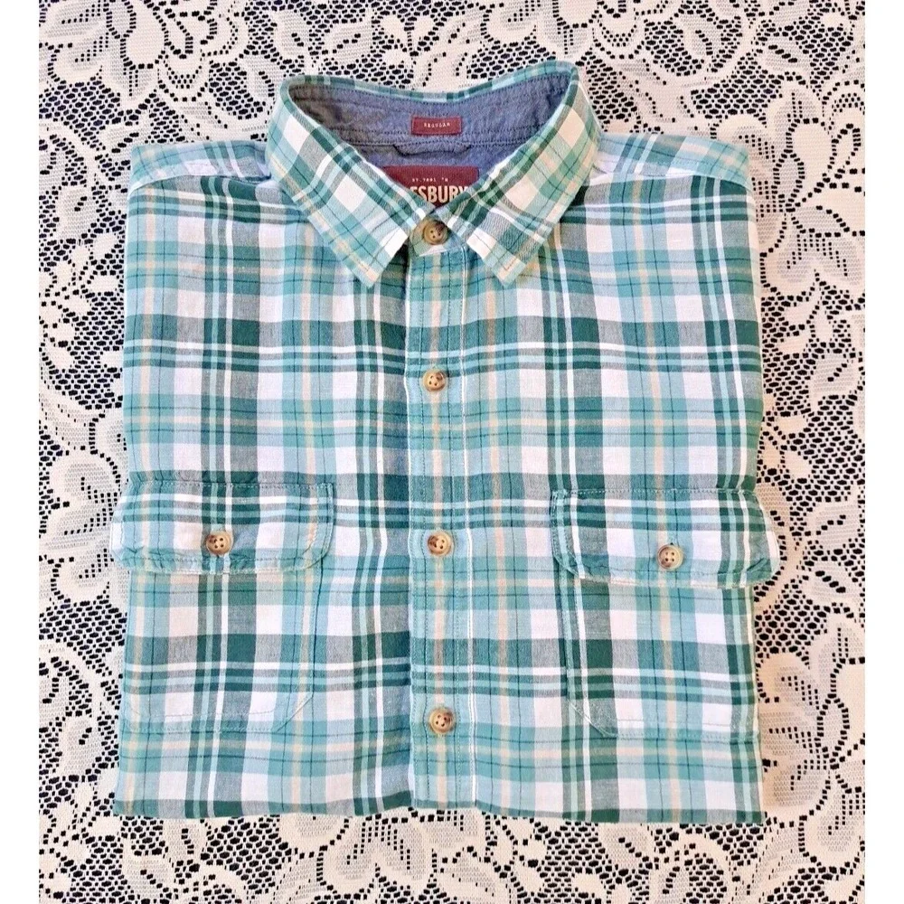 Alesbury Shirt Men's Lg Button‎ Up Green Plaid Short Sleeve Linen Cotton Blend